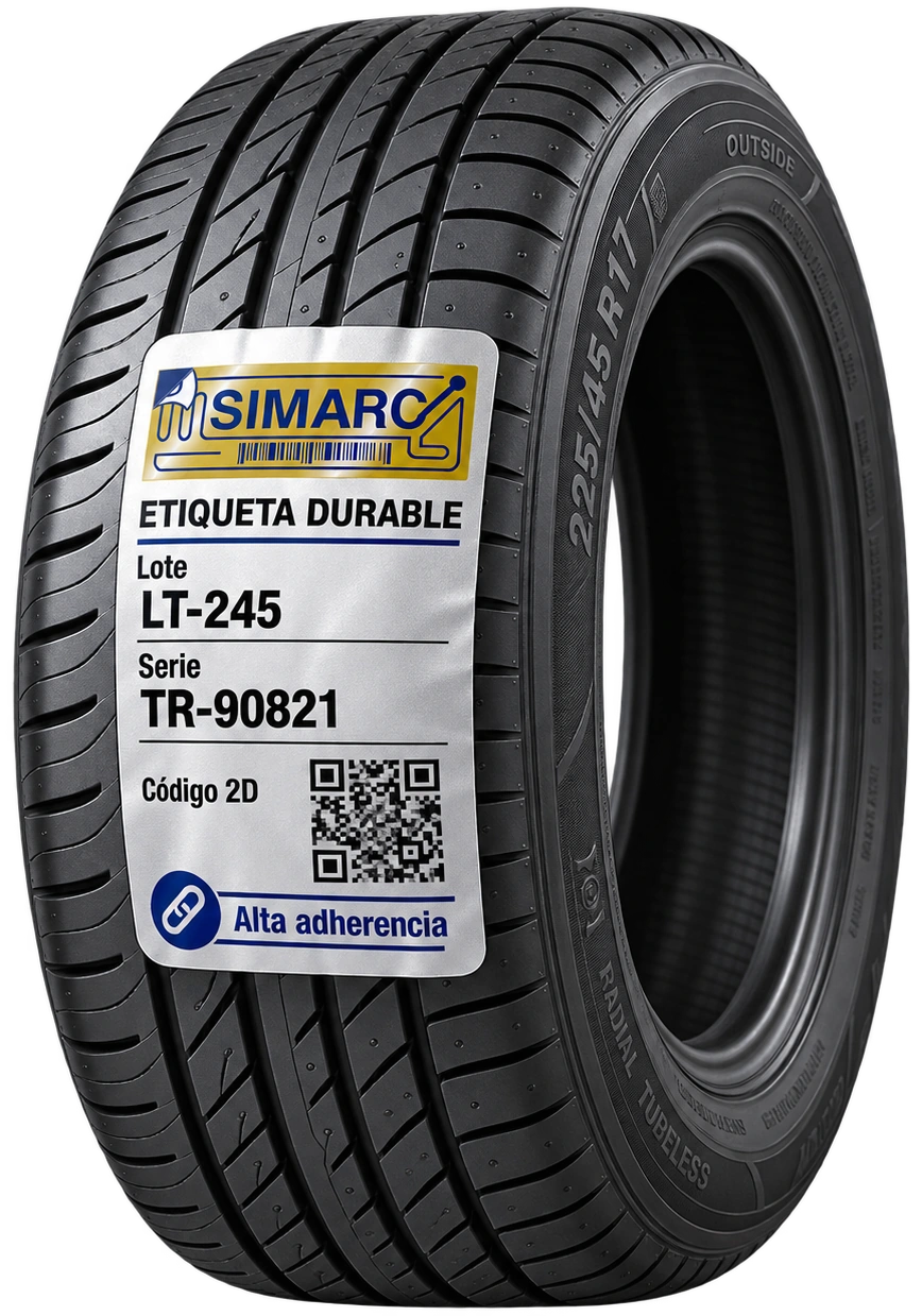 Llanta automotriz con etiqueta durable de identificación SIMARC