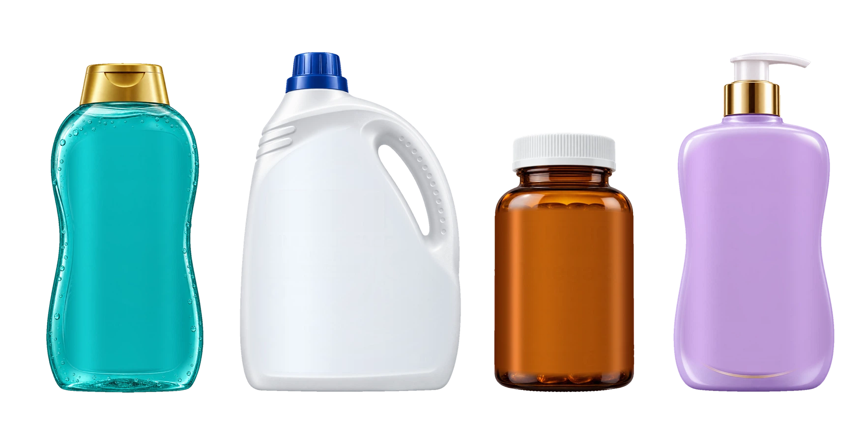 Cuatro envases SIMARC para mostrar la aplicación de sus etiquetas: aloe vera, limpiador, frasco de muestra y lavanda