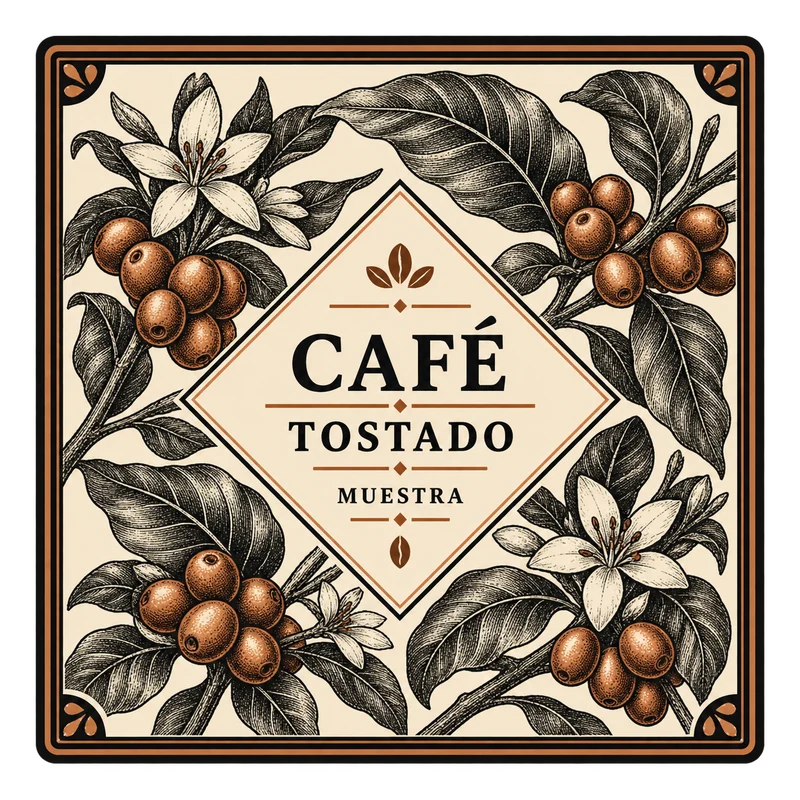 Etiqueta cuadrada para café tostado, con ilustración de café y tonos oscuros y cobre