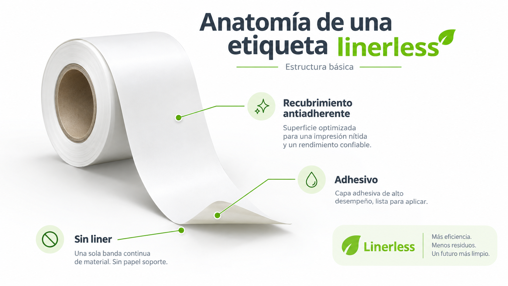 Anatomía de una etiqueta linerless. Rollo de material continuo con recubrimiento antiadherente en la superficie y adhesivo en la cara inferior, sin papel soporte.